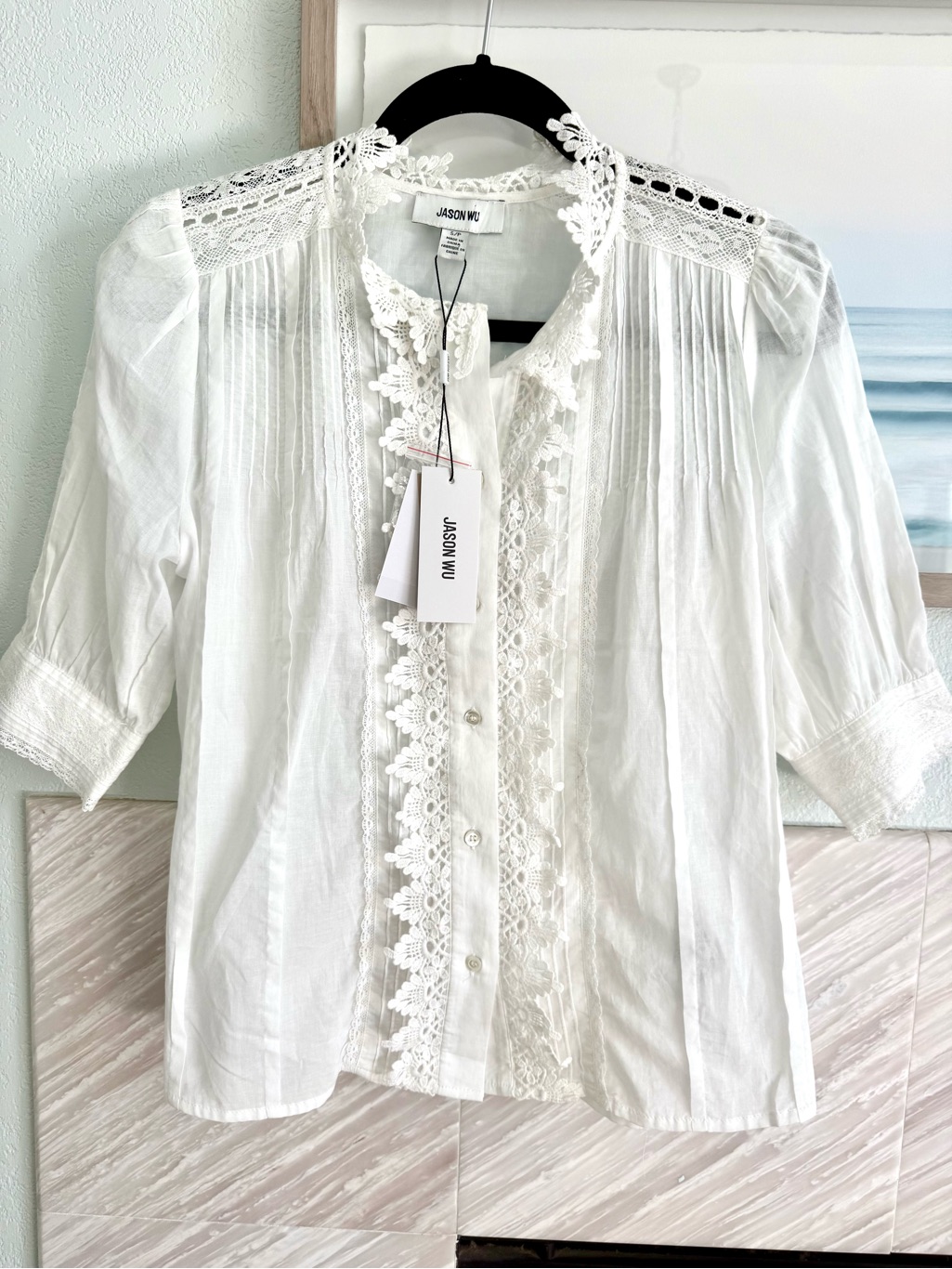 Jason Wu White Lace-Trim Pintuck Shirt Blouse Nwt